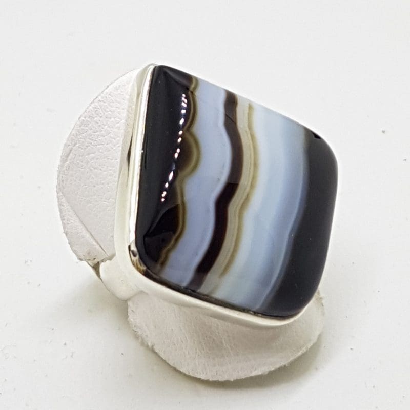 Sterling Silver Black Banded Agate Large Square Ring