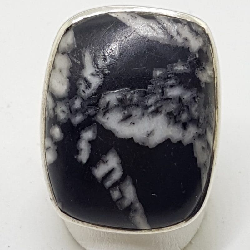 Sterling Silver Black Silver Leaf Stone Large Rectangular Ring