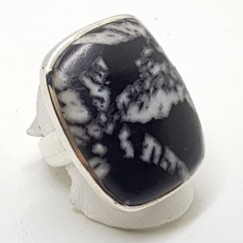 Sterling Silver Black Silver Leaf Stone Large Rectangular Ring