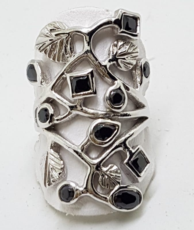 Sterling Silver Onyx Large Ornate Open Design Ring