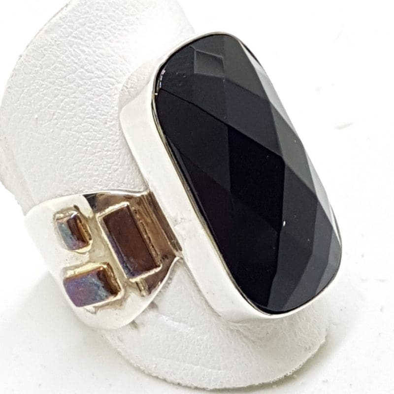 Sterling Silver Onyx Large Faceted Ring - With Copper Design on Side