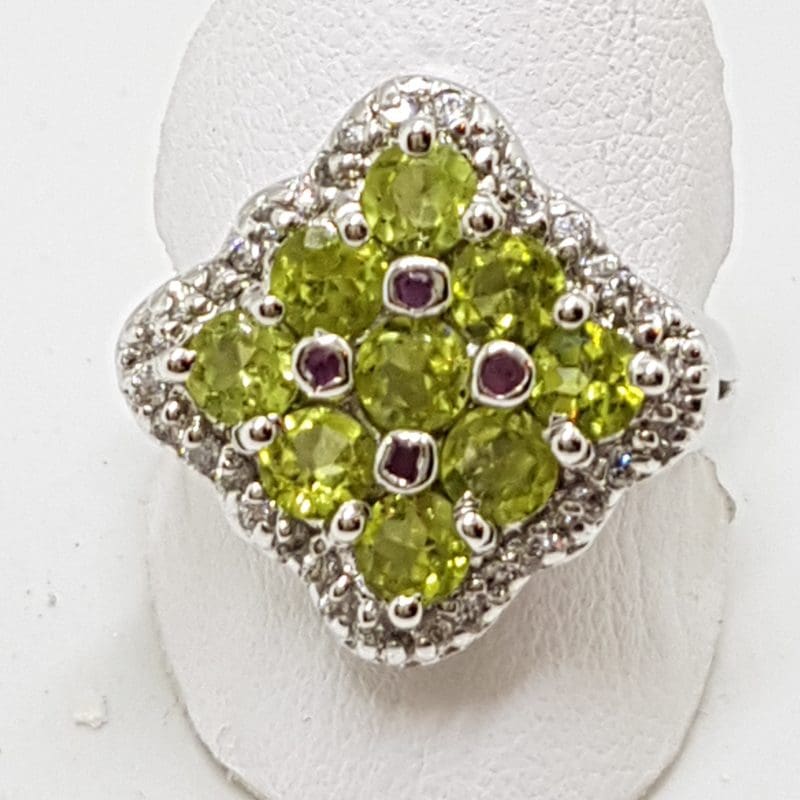 Sterling Silver Peridot and Cubic Zirconia Large Square Cluster Ring