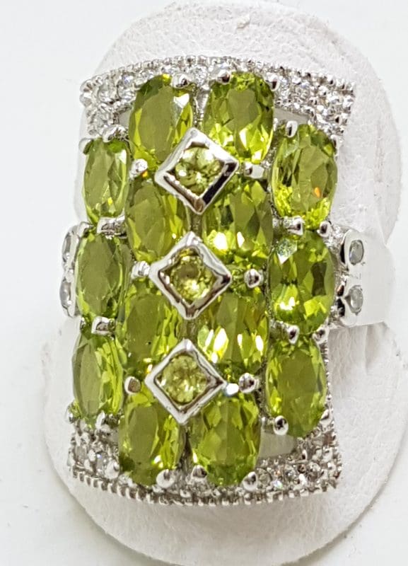 Sterling Silver Peridot and Cubic Zirconia Large Rectangular Cluster Ring
