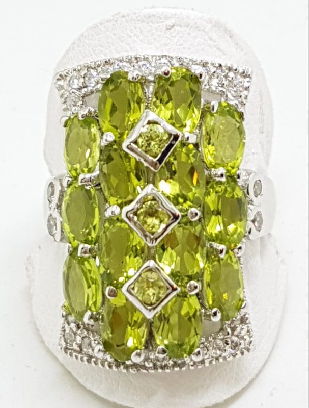 Sterling Silver Peridot and Cubic Zirconia Large Rectangular Cluster Ring