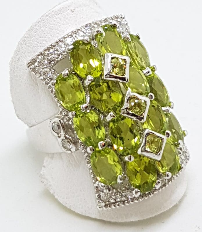 Sterling Silver Peridot and Cubic Zirconia Large Rectangular Cluster Ring