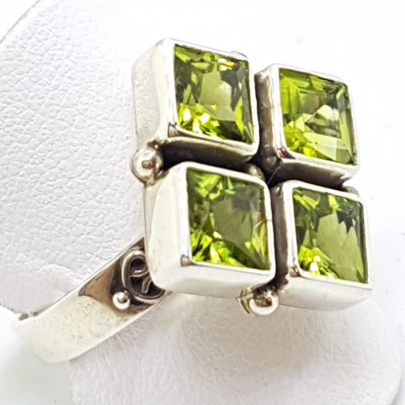 Sterling Silver Peridot Large Square Cluster Ring