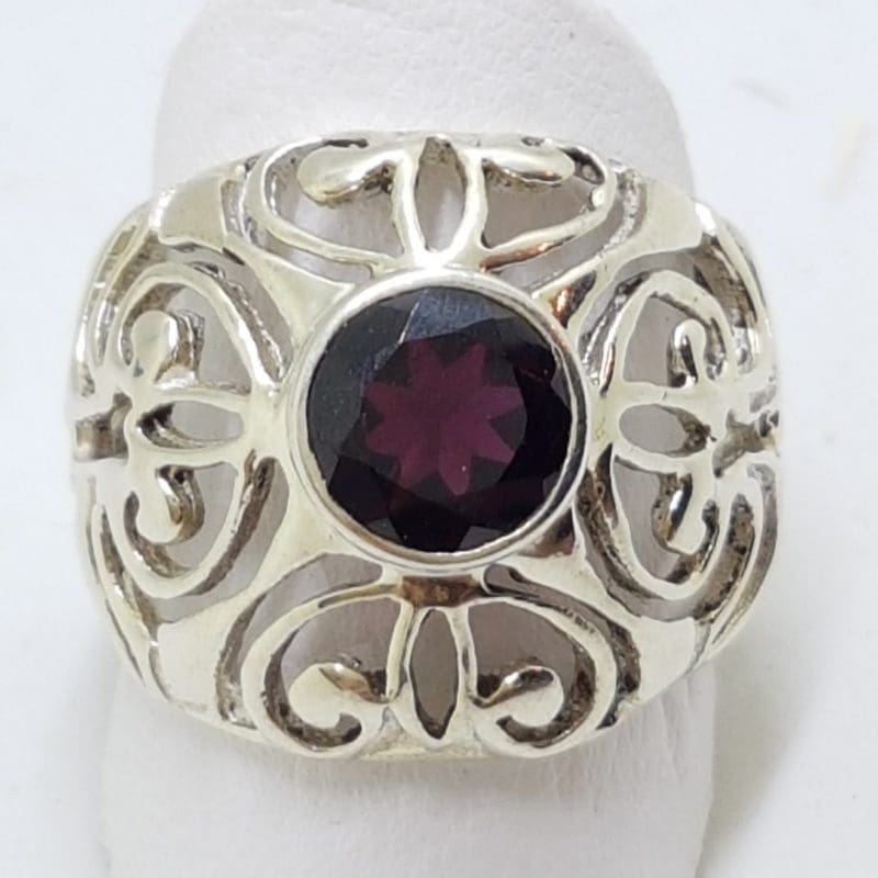 Sterling Silver Garnet Large Round Filigree Ornate Ring