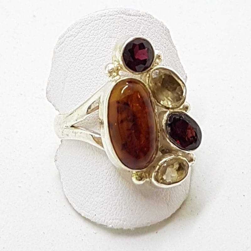 Sterling Silver Natural Garnet and Citrine with Faux Stone Cluster Ring