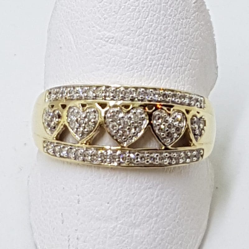 9ct Yellow Gold Diamond Heart Design Wide Band Ring
