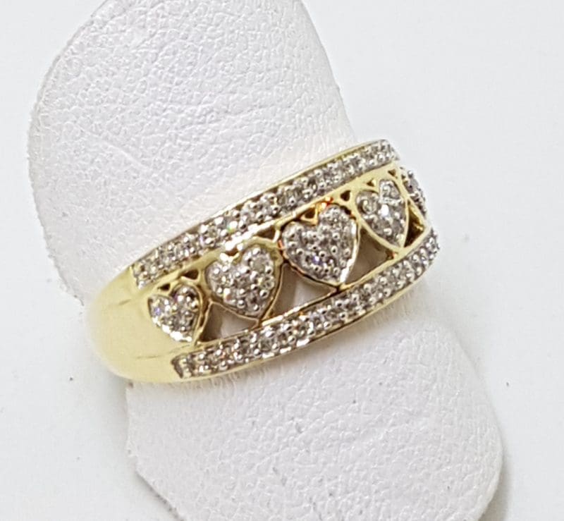 9ct Yellow Gold Diamond Heart Design Wide Band Ring