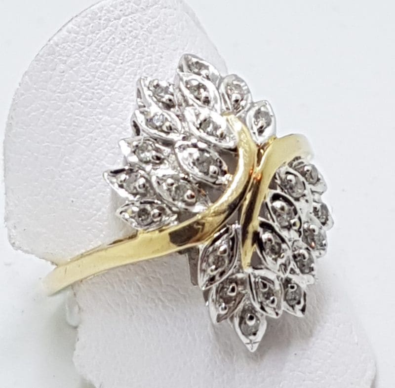 9ct Yellow Gold Diamond Large Leaf Motif Cluster Ring