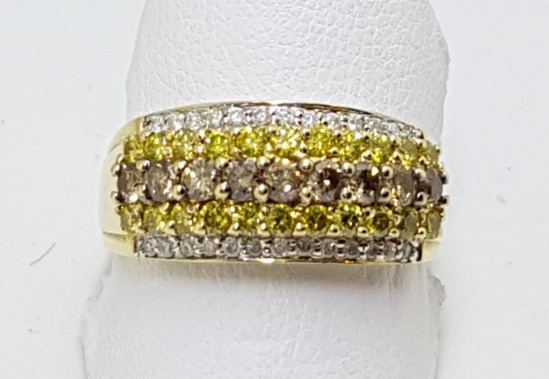 14ct Yellow Gold Diamond Wide Band Ring - 3 Coloured Diamonds