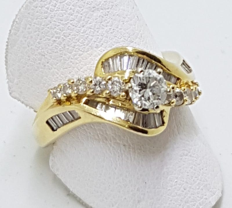14ct Yellow Gold Diamond Cluster Engagement Ring - Baguette and Round Cut