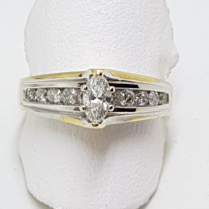 14ct Yellow Gold and White Gold Diamond Engagement Ring - Marquis and Round Cut