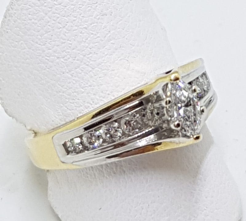 14ct Yellow Gold and White Gold Diamond Engagement Ring - Marquis and Round Cut