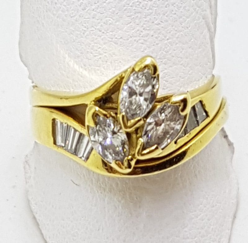 18ct Yellow Gold Marquis and Baguette Diamond Cluster Engagement and Wedding Ring Set