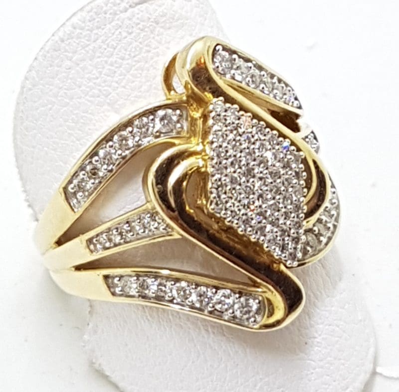 10ct Yellow Gold Diamond Wide Wave Cluster Ring
