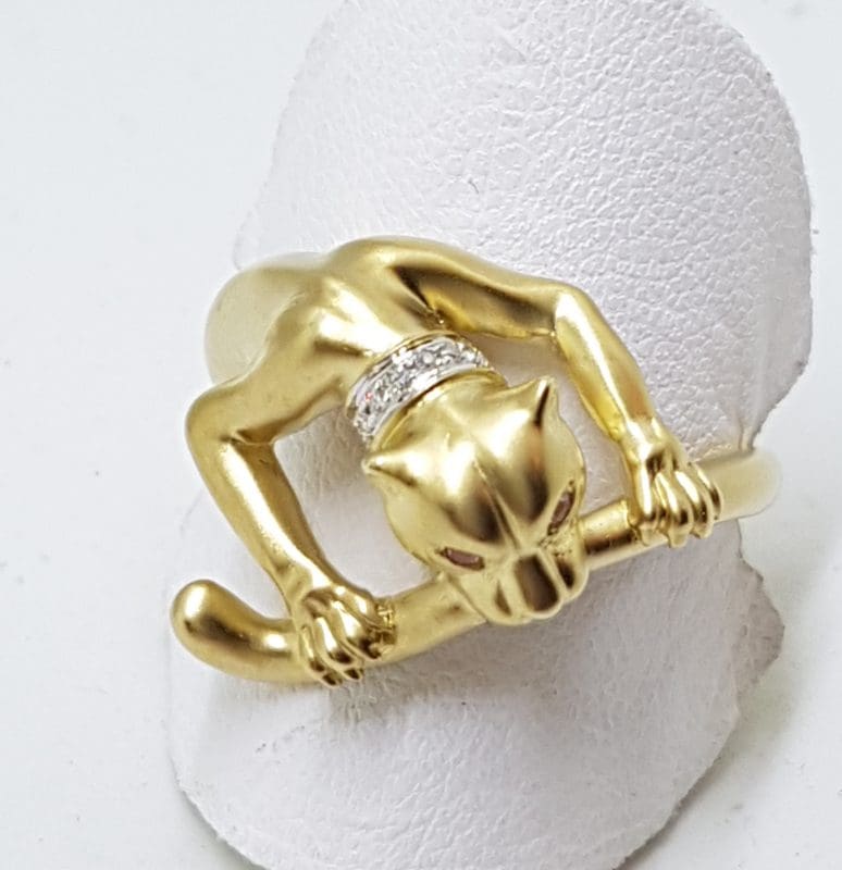 9ct Yellow Gold Jaguar / Panther Ring - Pink Sapphire Eyes and Diamond Collar - Matte Finish