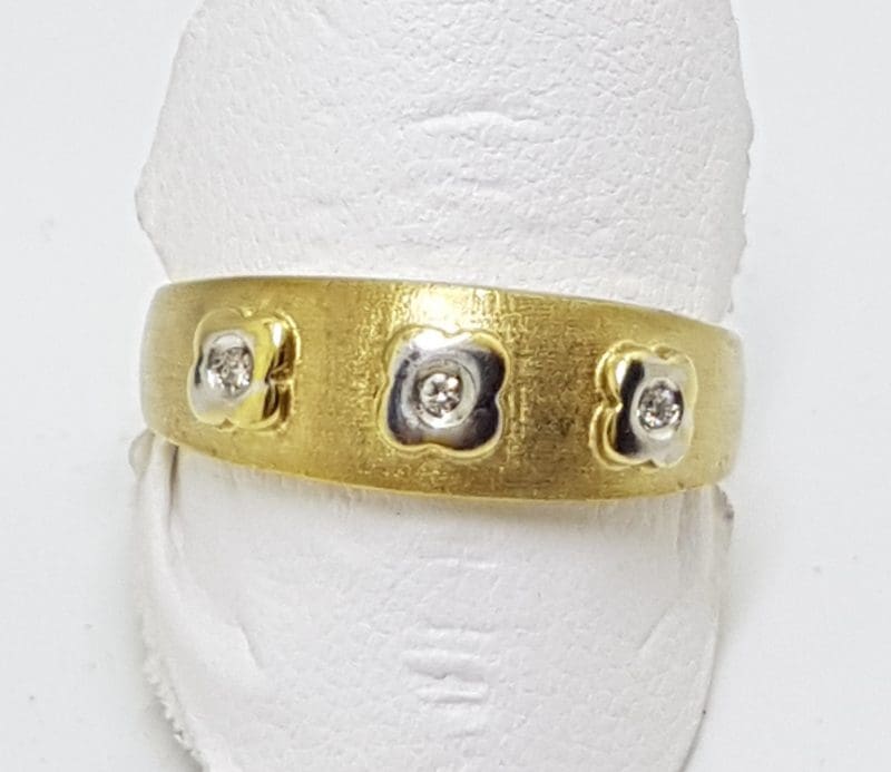 9ct Gold Diamond Ring with White Gold Flower Motif - Matte Finish