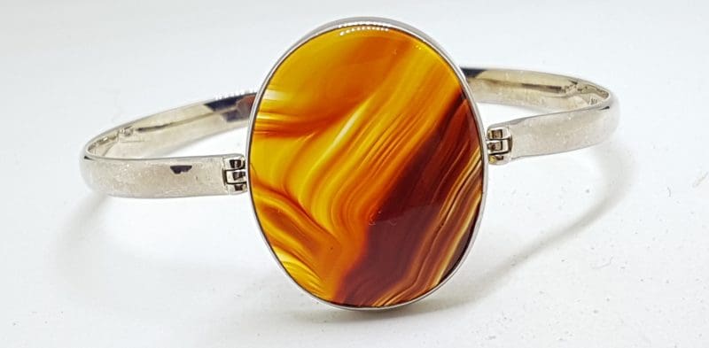 Sterling Silver Heavy Bangle with Oval Agate