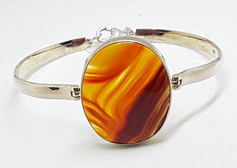 Sterling Silver Heavy Bangle with Oval Agate