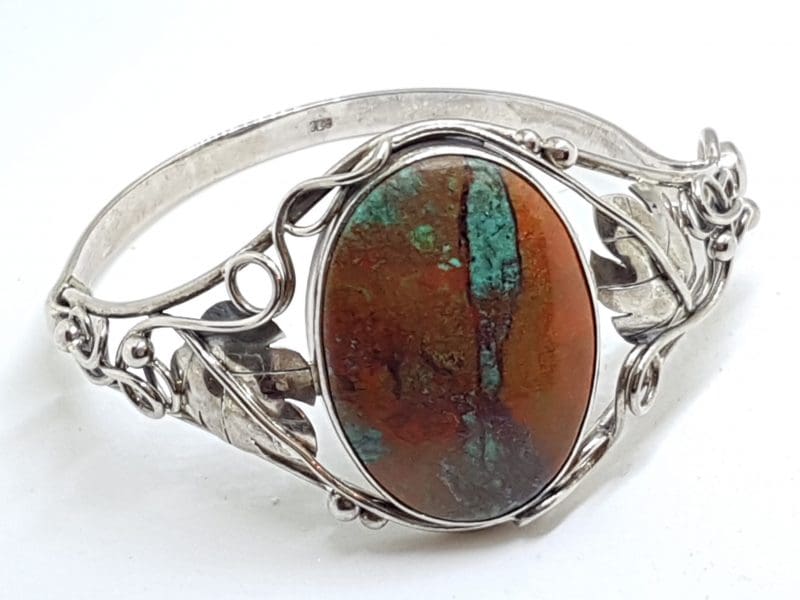 Sterling Silver Large Ornate Design Oval Chrysocolla Cuprite Bangle