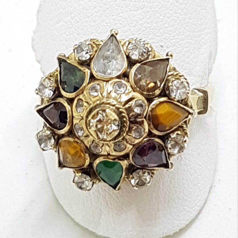 14ct Yellow Gold Large Multi-Coloured Gem Princess Cluster Ring - Antique / Vintage
