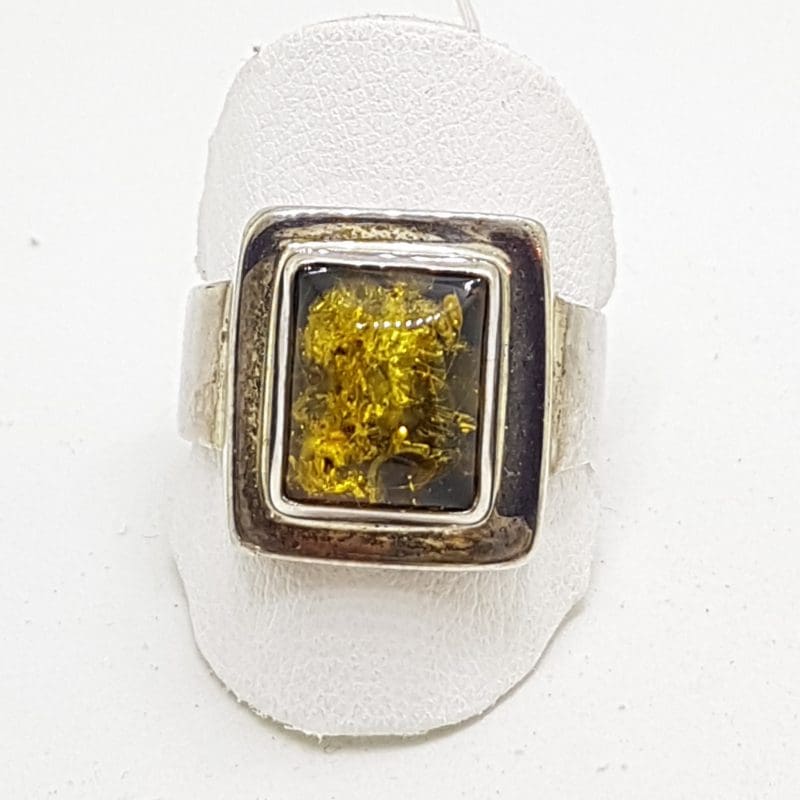 Sterling Silver Green Amber Ring - Rectangular