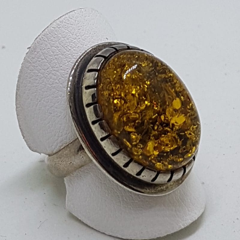 Sterling Silver Large Green Amber Ring - Oval