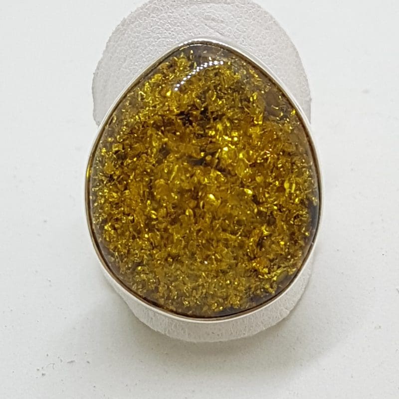 Sterling Silver Large Green Amber Ring