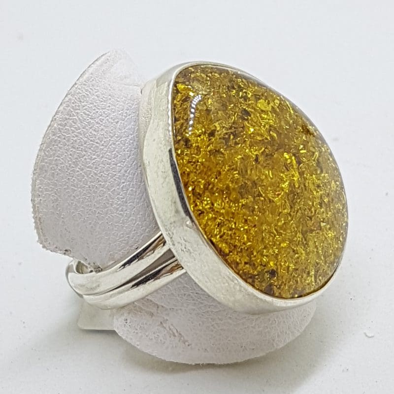 Sterling Silver Large Green Amber Ring