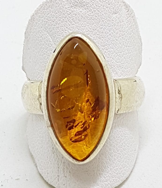 Sterling Silver Amber Ring - Marquis Shape