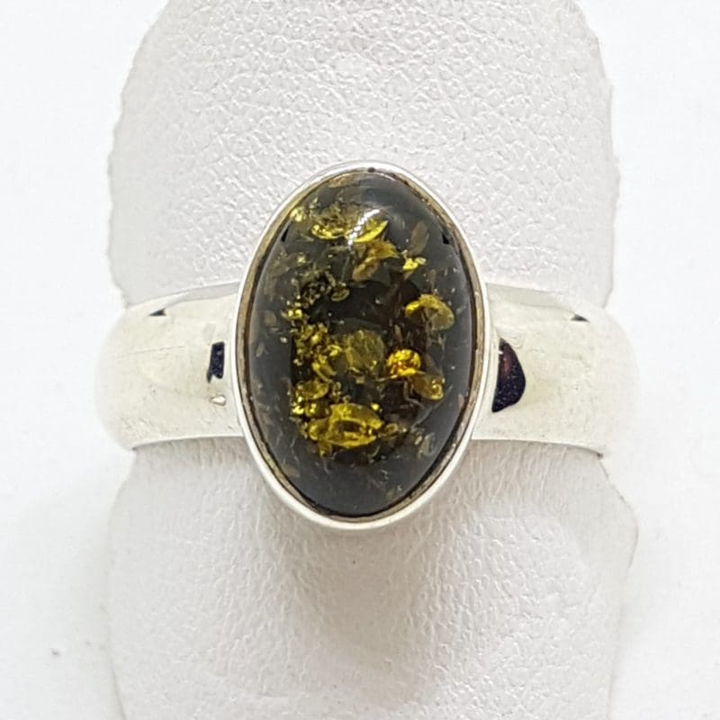 Sterling Silver Oval Green Amber Ring