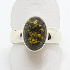 Sterling Silver Oval Green Amber Ring