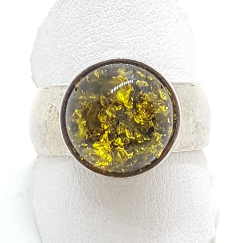 Sterling Silver Round Green Amber Ring