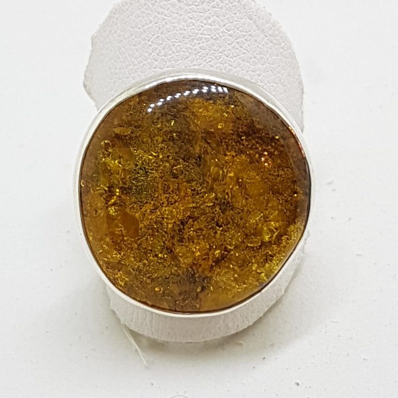 Sterling Silver Round Natural Amber Ring  - Wide Band