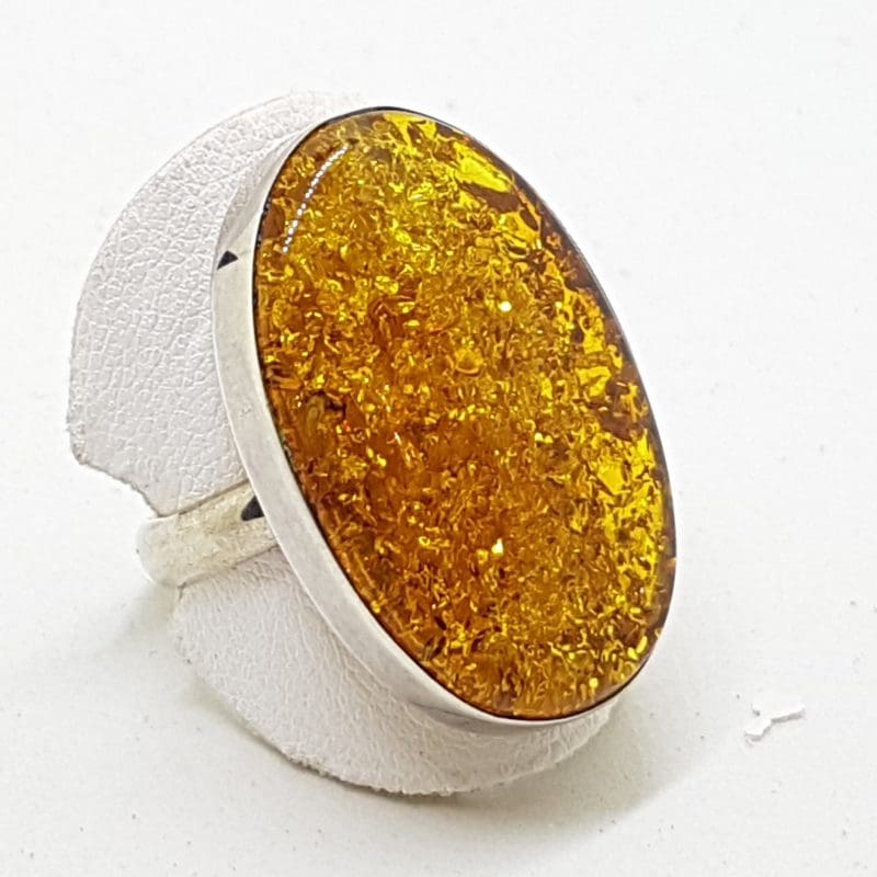 Sterling Silver Large Oval Natural Amber Ring