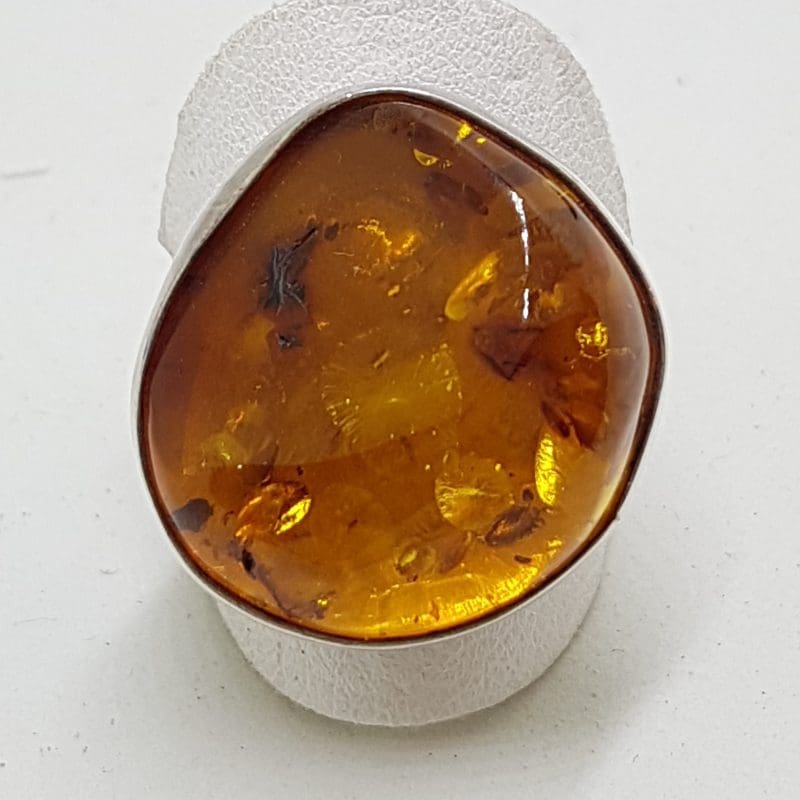 Sterling Silver Large Natural Amber Ring with Open Band