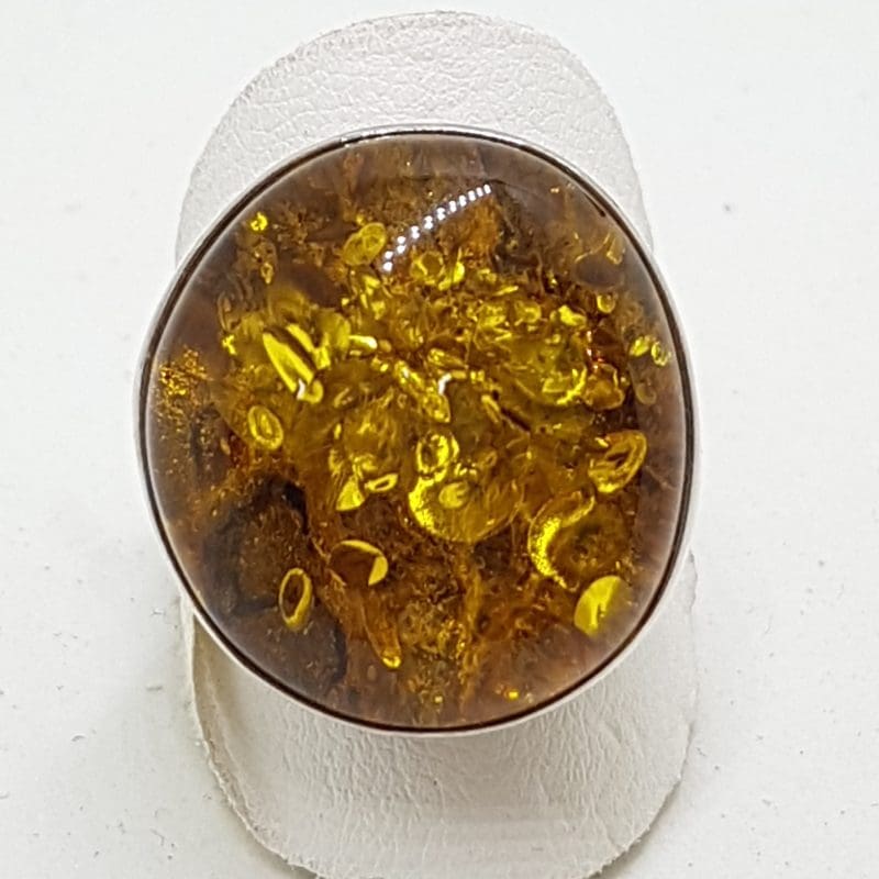 Sterling Silver Large Round Natural Amber Ring