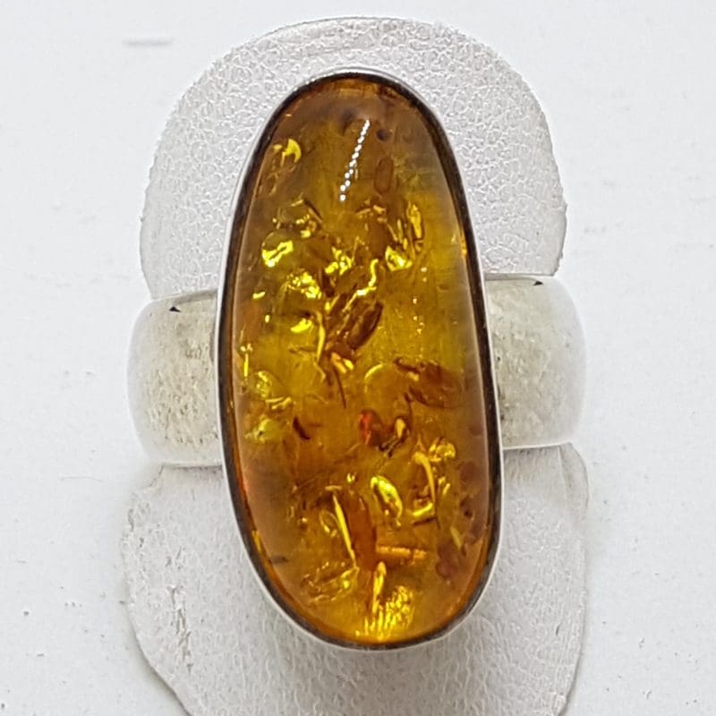 Sterling Silver Long Natural Amber Ring with Wide Band