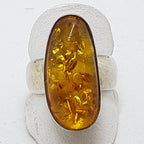 Sterling Silver Long Natural Amber Ring with Wide Band