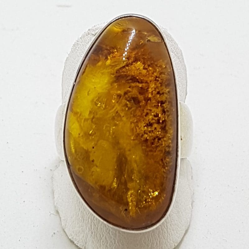 Sterling Silver Long Natural Amber Ring with Wide Band