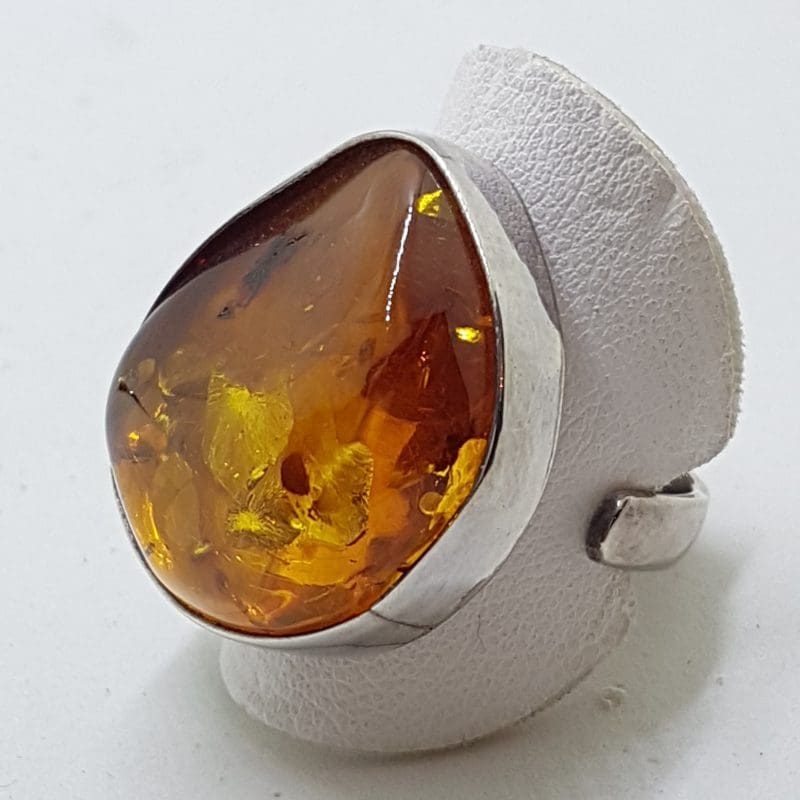 Sterling Silver Large Natural Amber Ring with Open Band