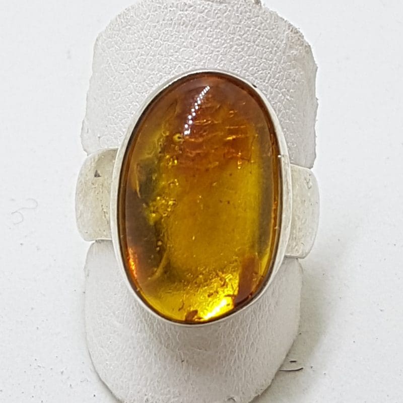 Sterling Silver Oval Natural Amber Ring - Wide Band