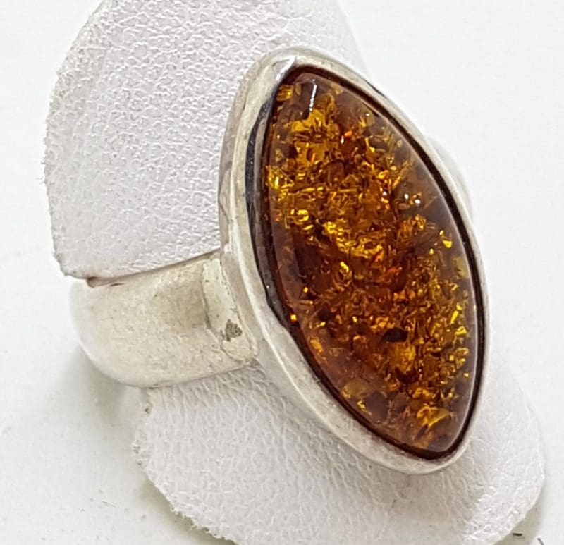 Sterling Silver Marquis Shape Natural Amber Ring