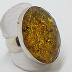 Sterling Silver Large Oval Faceted Natural Amber Ring - Green Amber