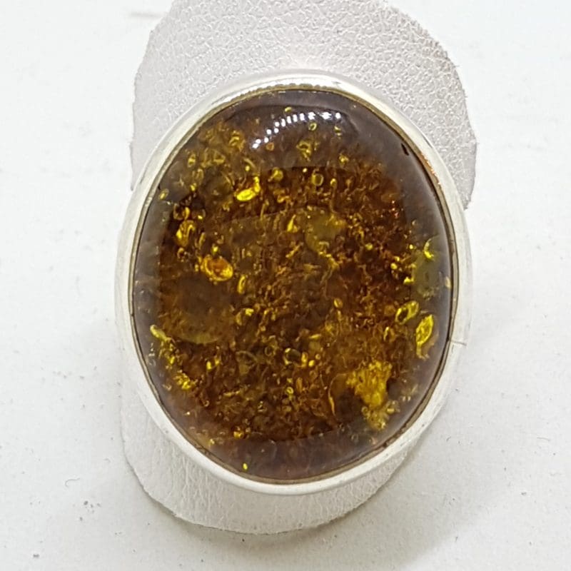 Sterling Silver Oval Natural Amber Ring - Expandable