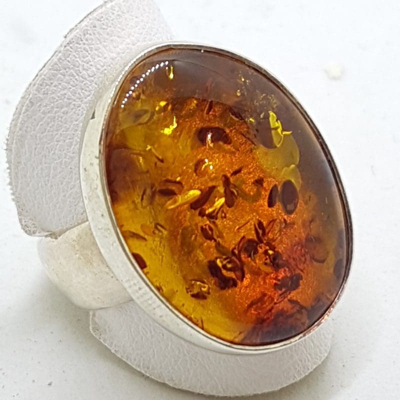 Sterling Silver Large Oval Natural Amber Ring