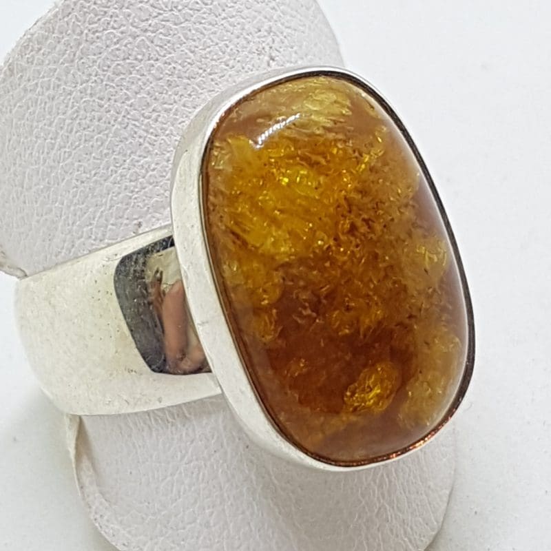 Sterling Silver Large Natural Amber on Wide Band Ring