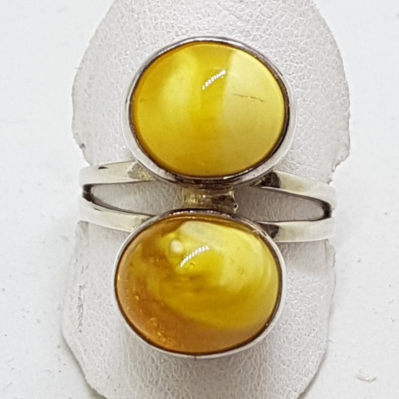 Sterling Silver 2 x Oval Butter Amber Ring